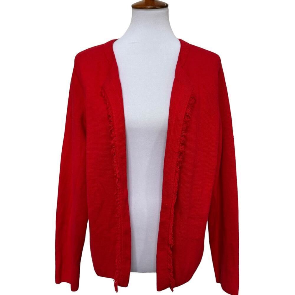 Talbots Cardigan Sweater Red Fringe Long Sleeve Open Front Cotton Knit XL